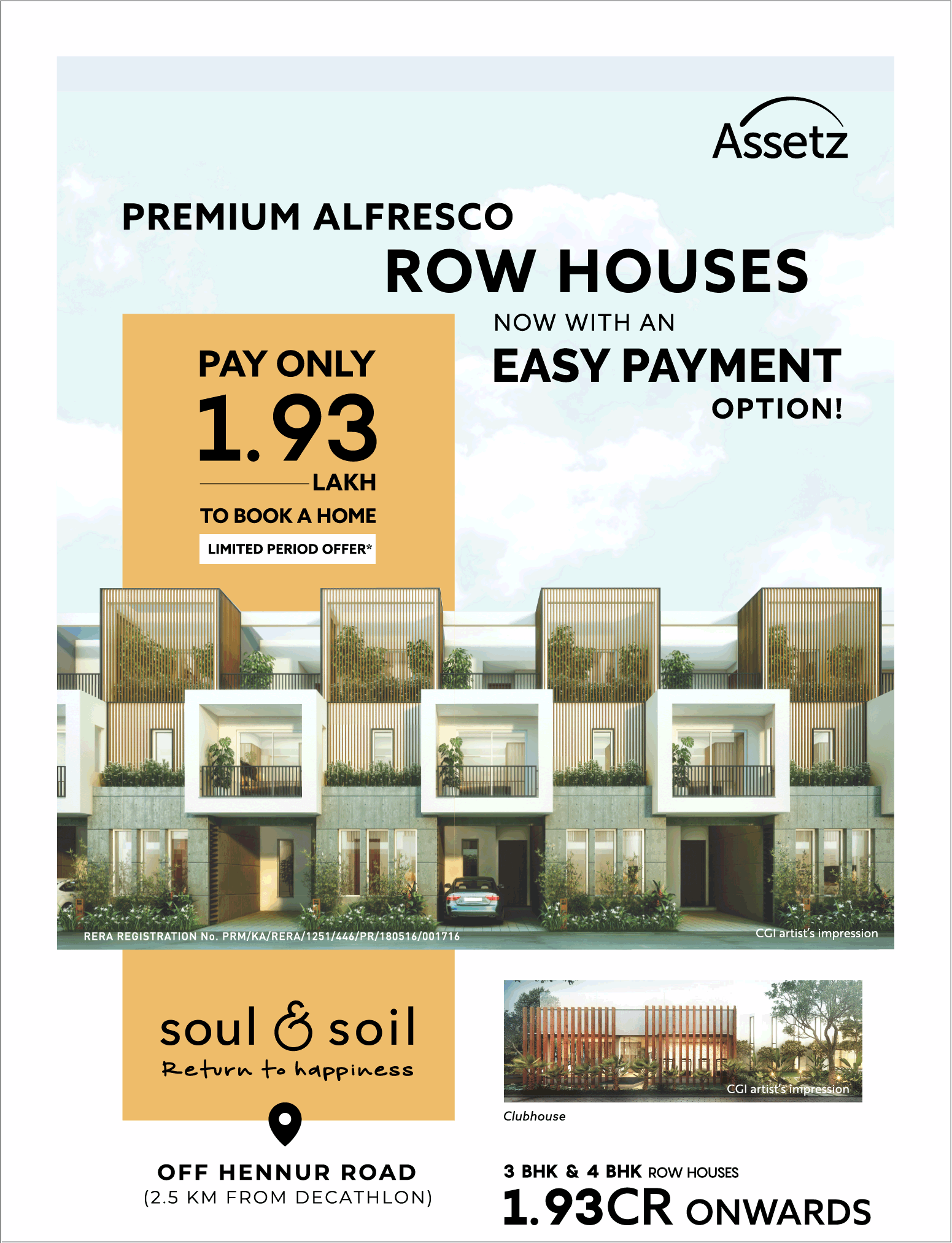 Book premium alfresco row house with an easy payment option at Assetz Soul & Soil in Bangalore